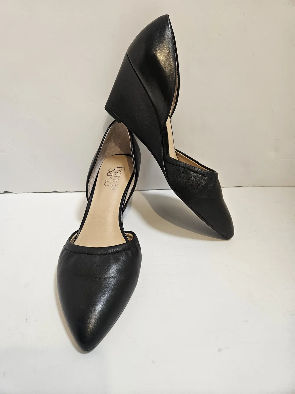 Franco Sarto Black Leather Fenvay Pointed Toe Wedge Pumps Heels Size 6.5M